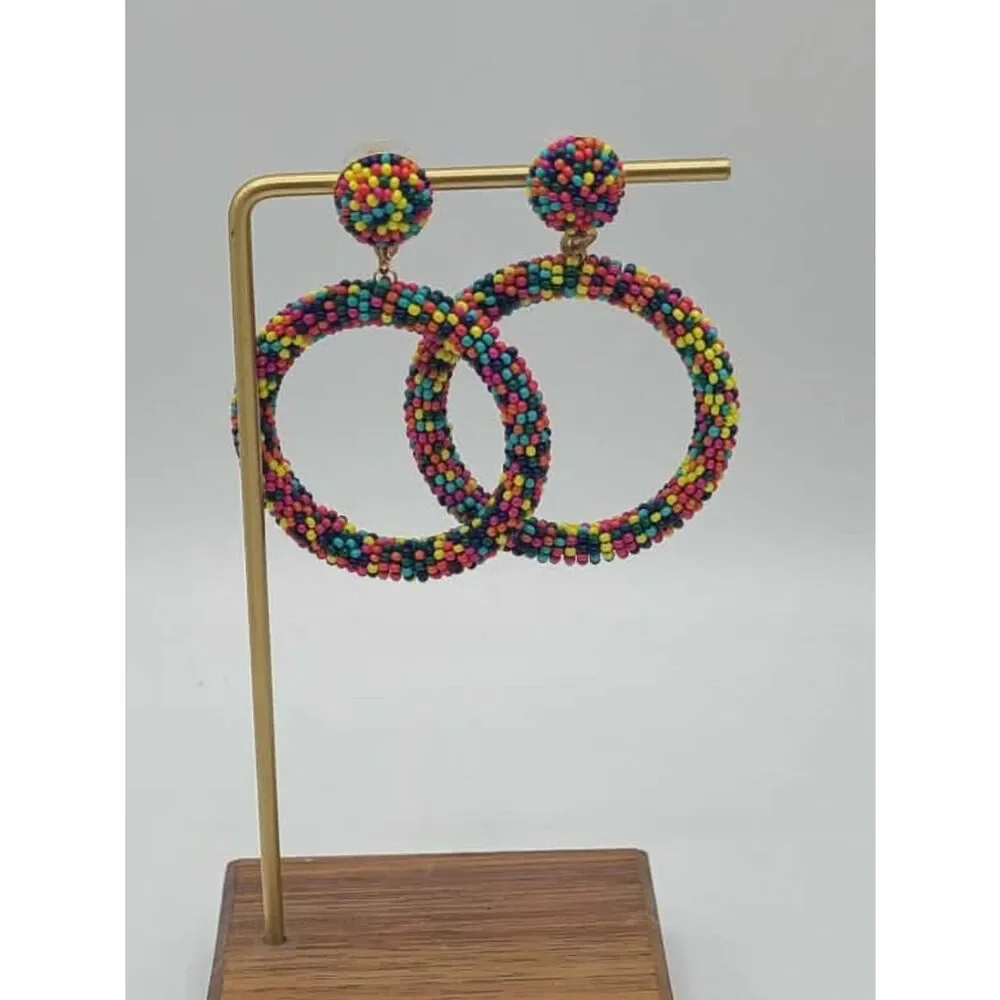 Colorful Beaded Hoop Stud Earrings